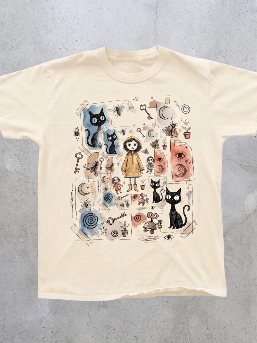 Cat Illustration Graphic T-Shirt in Cream